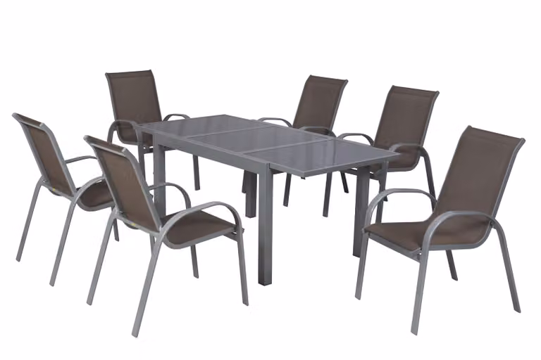 Set di mobili da giardino Merxx Amalfi taupe 7 pezzi, 6 sedie impilabili, 1 tavolo allungabile 140 (200) x 90 cm - alluminio/tessuto