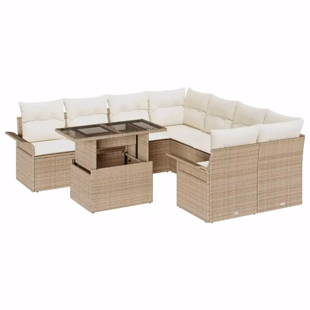 Set Divano da Giardino a L vidaXL in Polyrattan Beige con Tavolino in Vetro e Cuscini, 9 Pezzi – 2