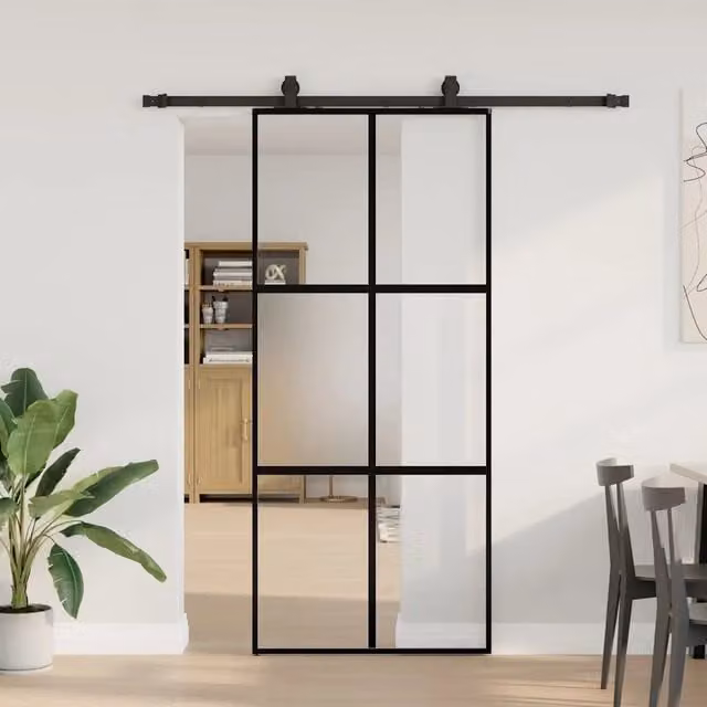 Porta Scorrevole Moderna vidaXL in Vetro Trasparente e Alluminio con Ferramenta Nera L: 90 cm, H: 205 cm