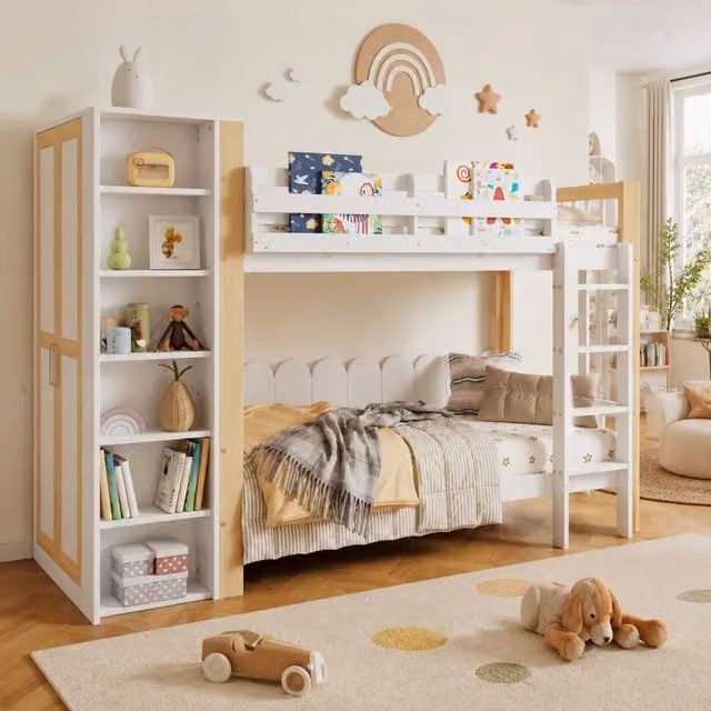 Letto a castello per bambini 90x200 cm con armadio laterale; scala a 4 gradini; bianco/naturale