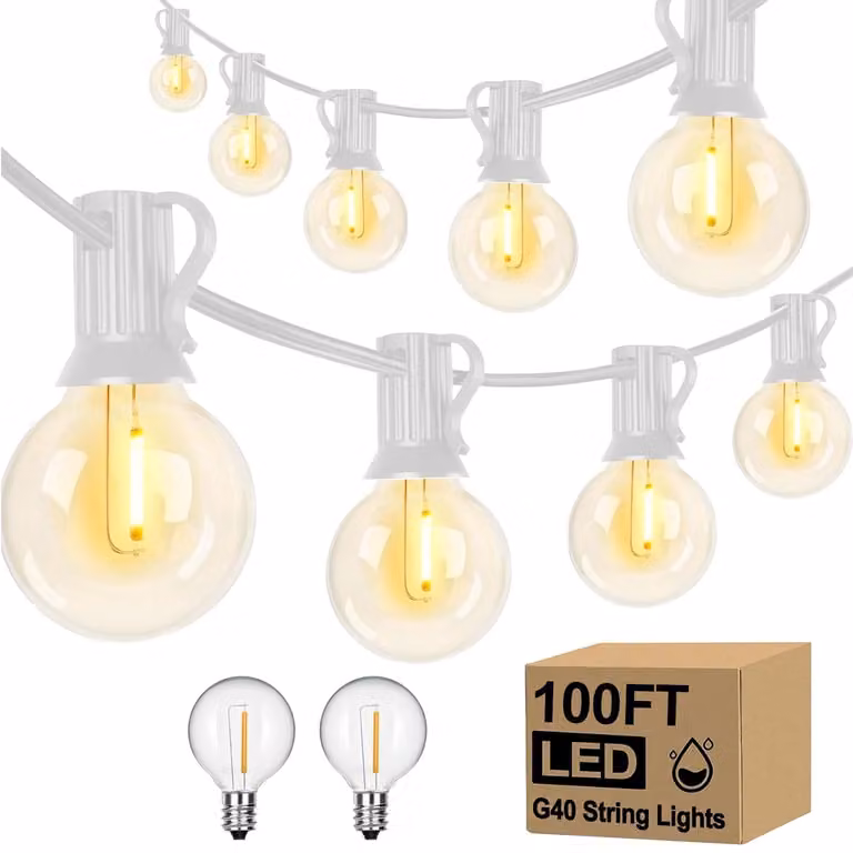 Catena luminosa LED per esterni - Lampadine a forma di sfera G40 - Lunghezza: 30,48 metri - 50 lampadine resistenti alla rottura - Temperatura di colore: 2200 K (bianco caldo) - Grado di protezione IP44 - Spina di tipo EU