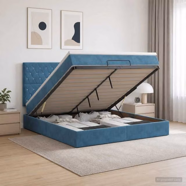 Letto ottomano moderno vidaXL in velluto blu e bianco con base a sollevamento e materasso, L/P/H: 190 x 140 x 88 cm – 1