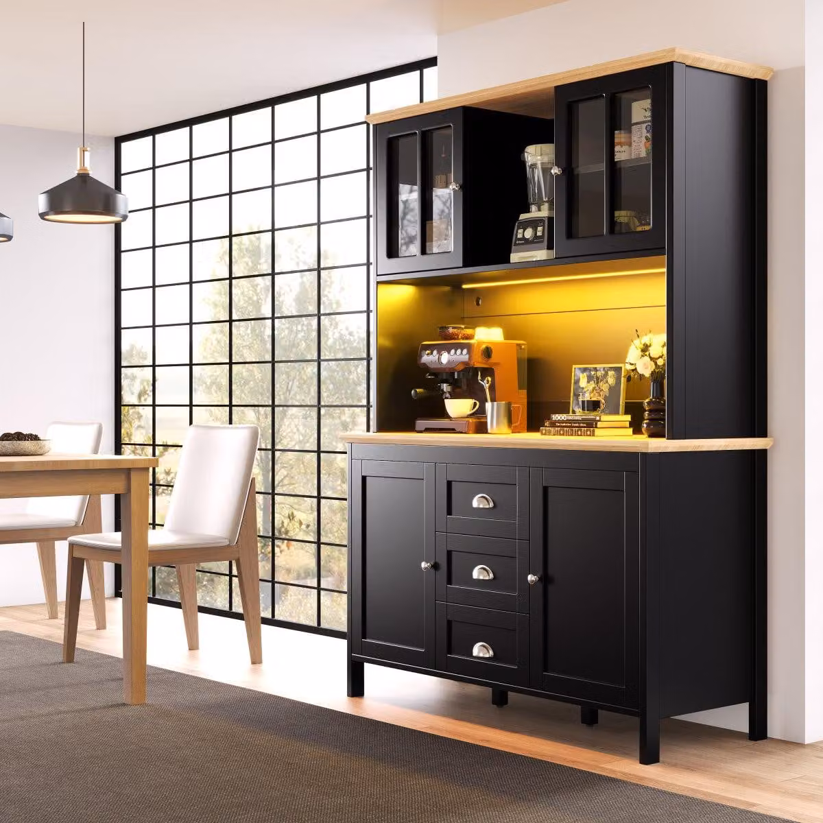 Armadio laterale alto nero 120 x 40 x 179 cm con controllo tramite app LED, 4 ante, 3 cassetti, max. 60 kg
