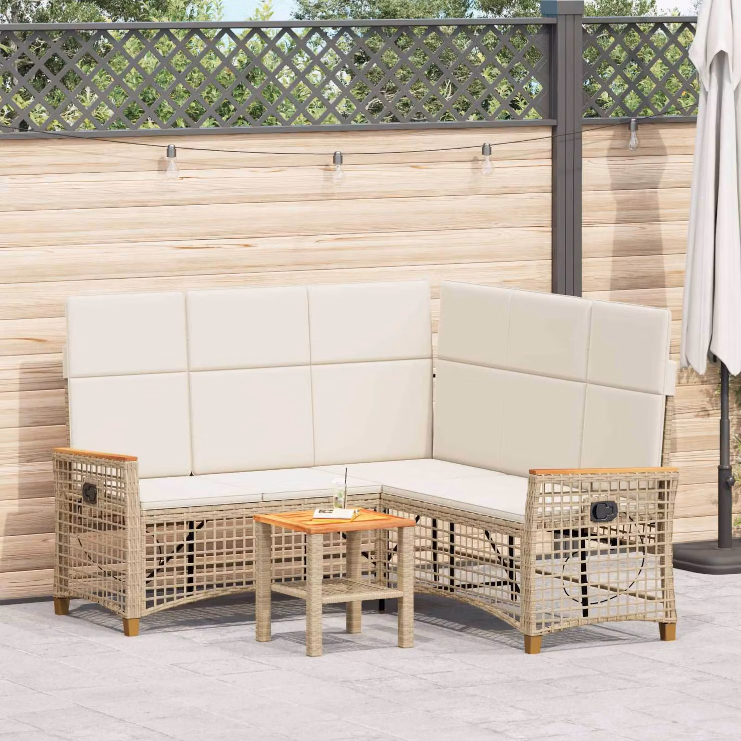 Set di divani da giardino vidaXL a forma di U con 5 posti, colore beige e bianco, struttura in metallo e cuscini inclusi – 1