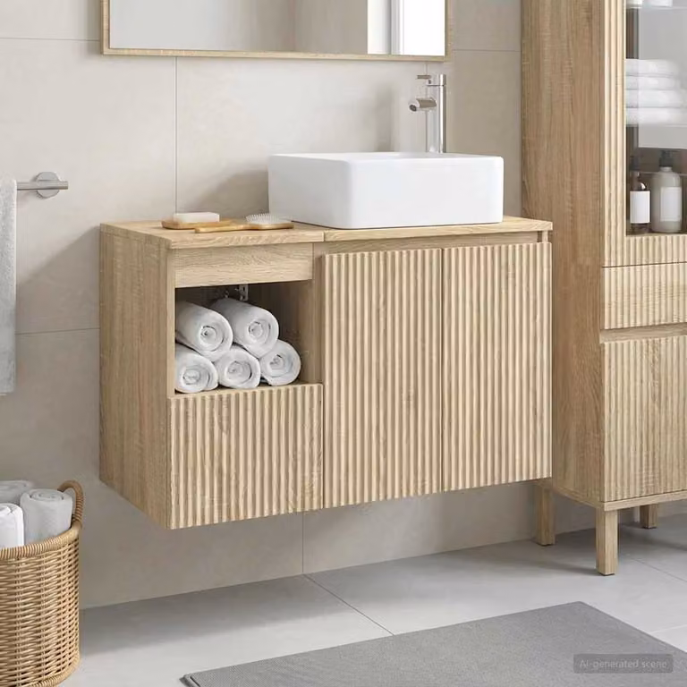 Set di mobili da bagno moderno vidaXL composto da base lavabo e pensile in legno color rovere, L/P/H: 80 x 32,51 x 53 cm