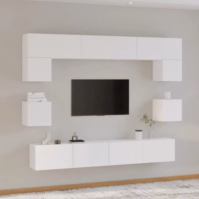 Set di mobili porta TV da parete vidaXL in legno bianco opaco, 8 pezzi