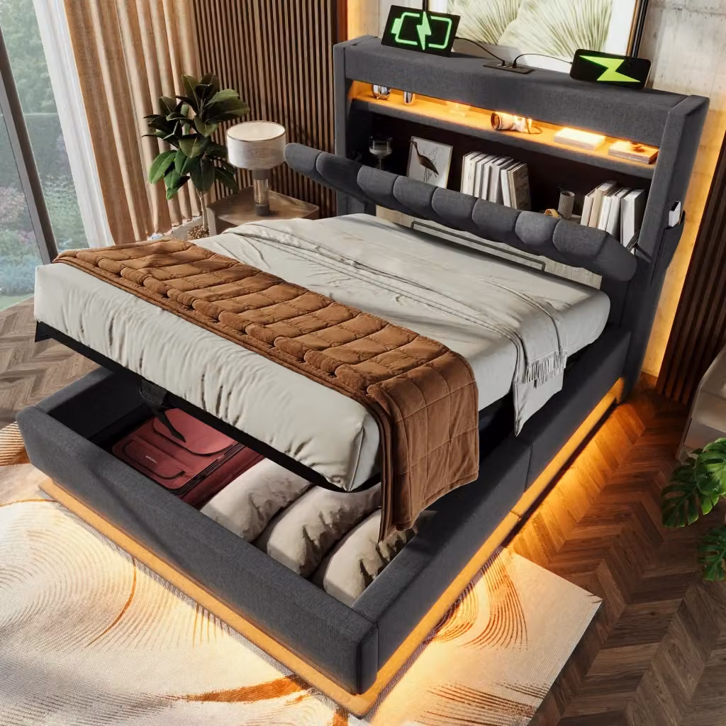 Letto singolo imbottito WISHDOR con contenitore, illuminazione LED, porta USB e mensola integrata, grigio, L/P/H: 218 x 90 x 92 cm – 2