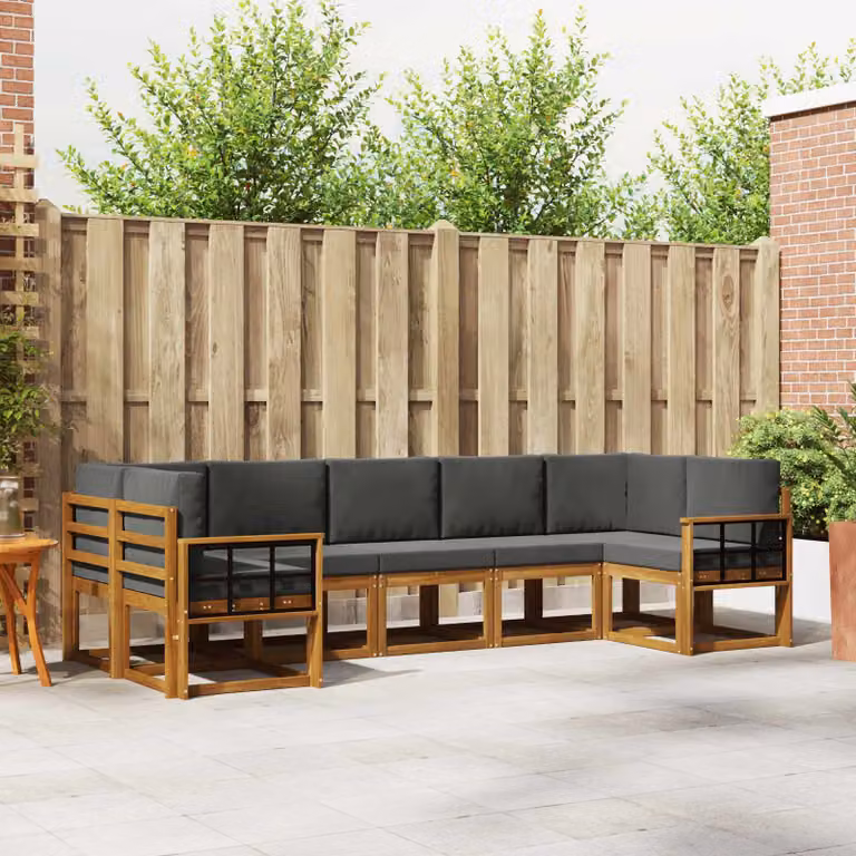 Set di divani da esterno vidaXL a forma di U composto da 7 pezzi in legno di acacia con cuscini, colore marrone e antracite