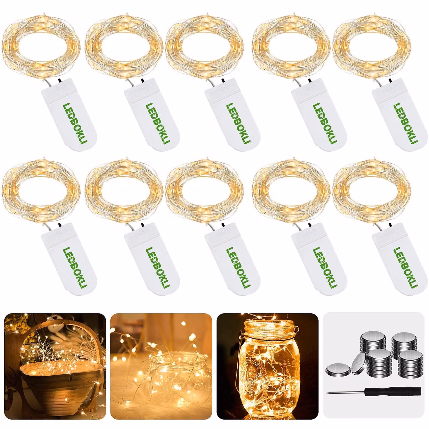 Catena luminosa a LED, lunghezza 1,2 metri, 24 LED, luce bianco caldo, confezione da 10 pezzi, alimentazione a batteria