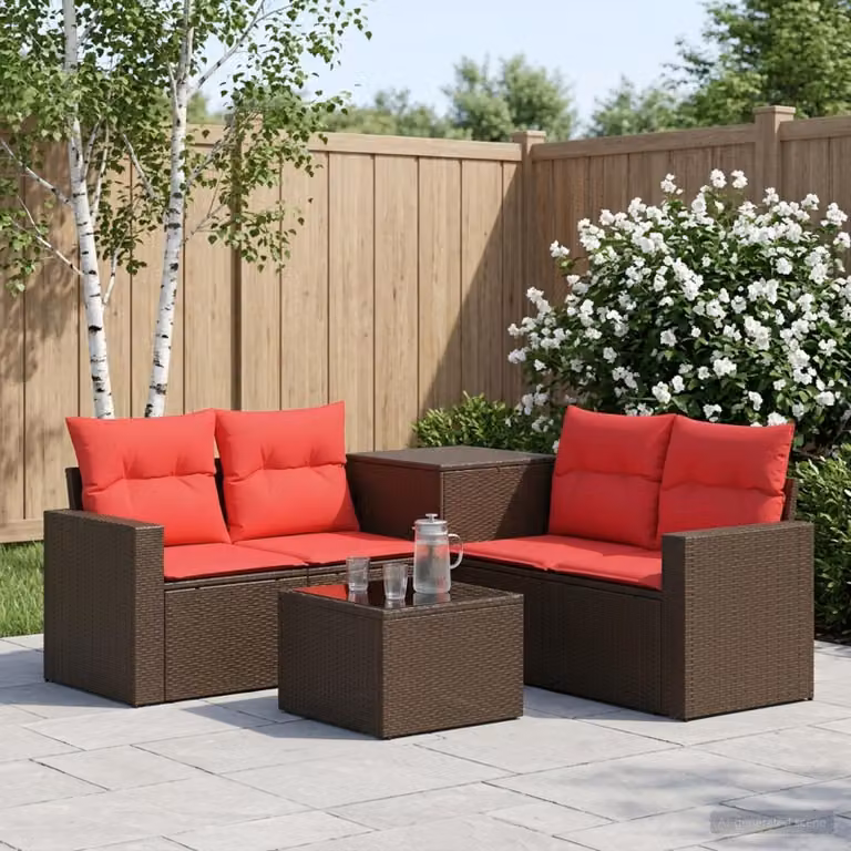 Set di divani da giardino vidaXL 6 pezzi in rattan sintetico e metallo, colore marrone e rosso, con cuscini inclusi e tavolino da caffè