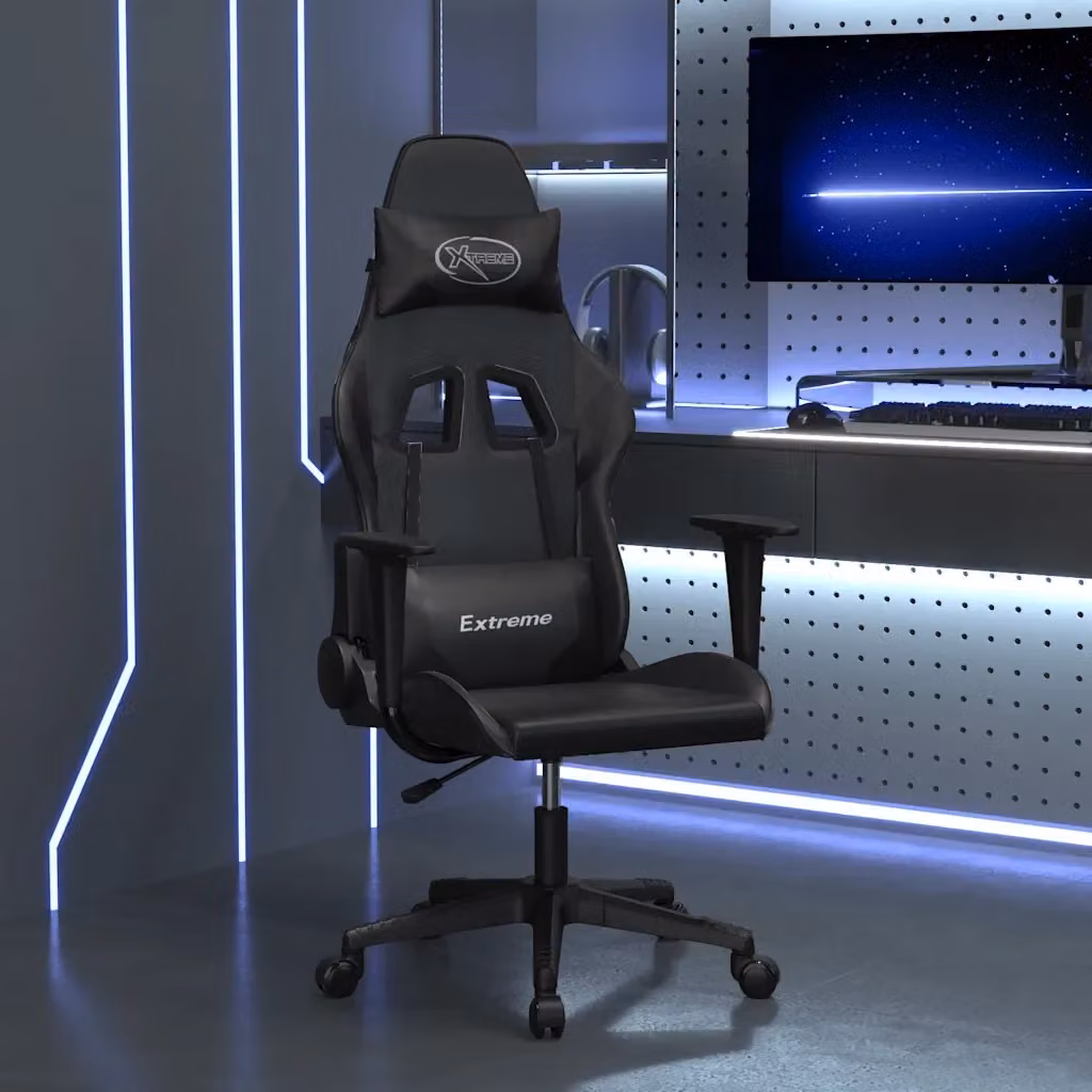 Sedia da Gaming Nera in Similpelle con Poggiatesta e Ruote per Adulti – 2