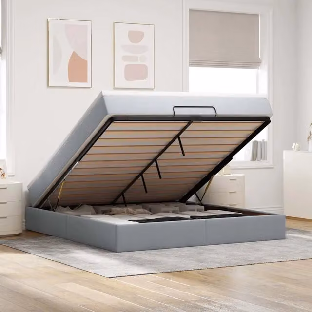 Letto con contenitore a sollevamento vidaXL in tessuto grigio e bianco con materasso L 160 x P 200 cm