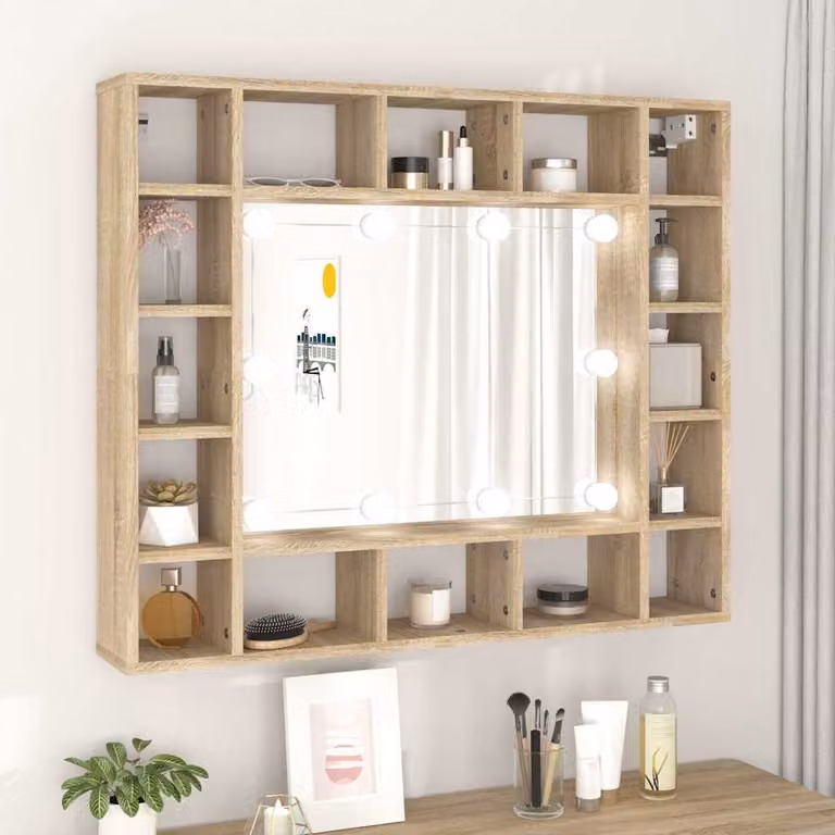 Armadietto da bagno con specchio e illuminazione LED vidaXL in Rovere Sonoma, L: 91 cm, P: 15 cm, H: 76,5 cm