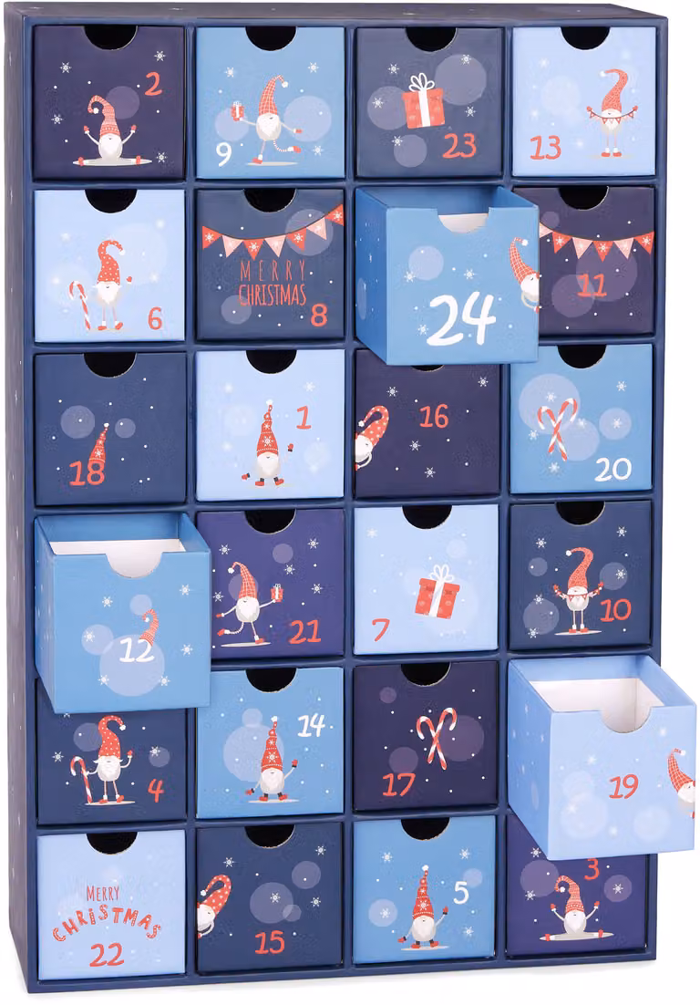 BRUBAKER Calendario dell'Avvento da riempire - Elfi blu - Calendario natalizio fai da te con 24 porte per buoni, dolci e altre sorprese - 39 cm