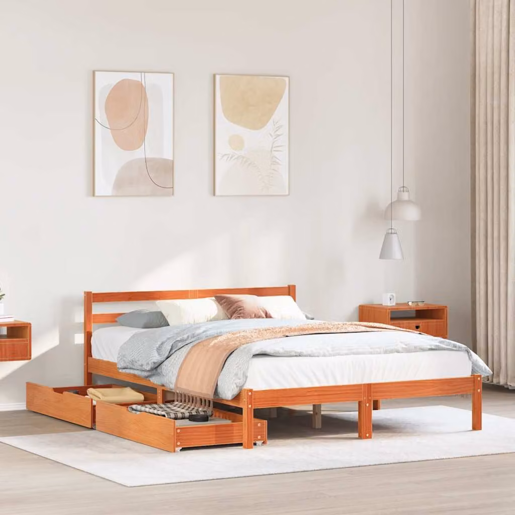 Letto senza materasso vidaXL in legno di pino marrone cera con cassetti L/P/H: 150 x 200 cm – 1
