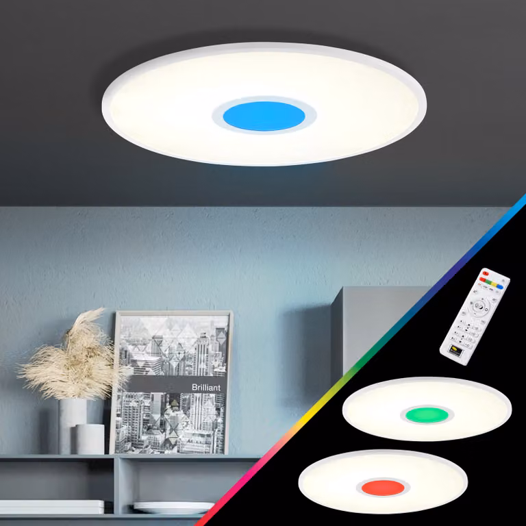 Pannello LED BRILLIANT pannello a superficie Ø 45 cm in bianco | Lampada da soffitto dimmerabile con luce centrale RGB e telecomando | Metallo/plastica | 2400 lumen 24 W | Colore della luce regolabile da 2700 a 6500 Kelvin