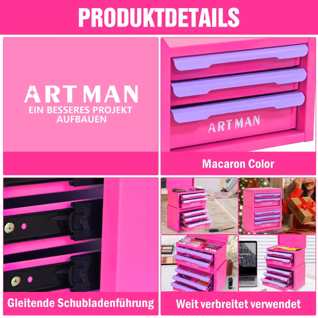 Organizzatore da scrivania multi-compartimento con cassetto in metallo e plastica, disponibile nei colori rosa e viola – 2