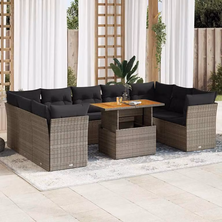 Set Divano da Giardino vidaXL 10 pz a forma a U in Polyrattan Grigio con Cuscini e Tavolino da Caffè