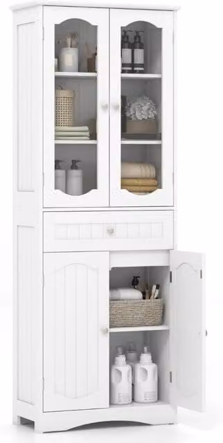 Armadio da bagno alto 160cm con 2 porte in vetro 2 ripiani regolabili e 1 cassetto, Mobile autonomo per cucina Bianco