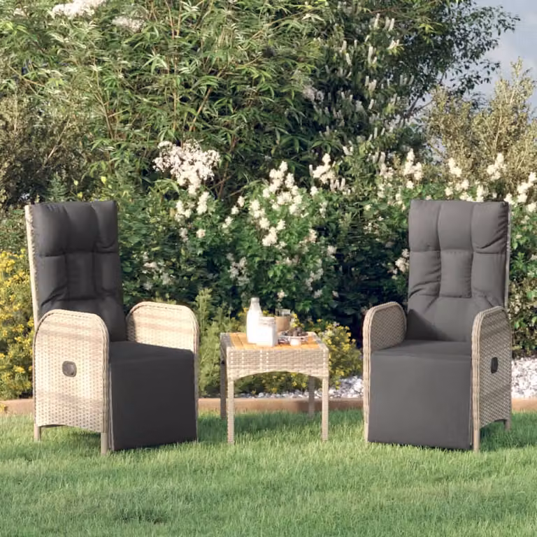Set di 2 sedie reclinabili da esterno vidaXL in polyrattan grigio con cuscini, L: 57 cm, P: 62,5 cm, H: 109 cm
