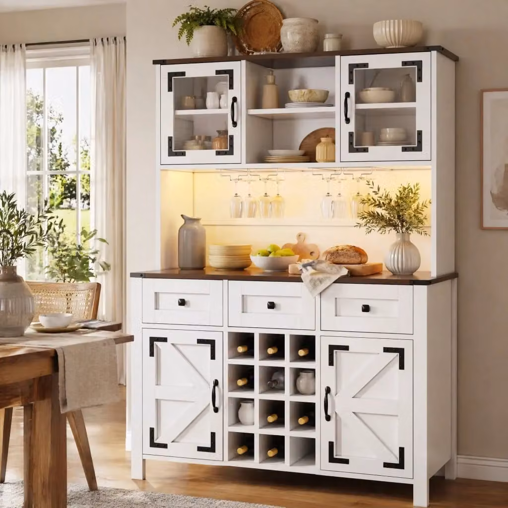 Mobile colonna da cucina MIVRAY bianca con LED, prese AC e USB, portabicchieri e ante in vetro, L/P/H: 120 x 40 x 170 cm – 2