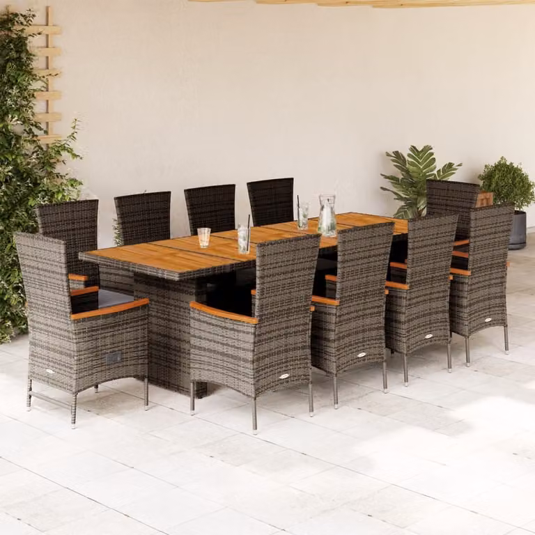 Set da pranzo da giardino vidaXL in polyrattan e legno di acacia con 11 pezzi e cuscini grigi e neri