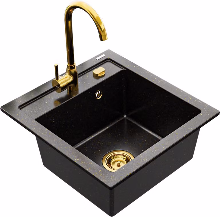 Mexen Vito lavello in granito a 1 vasca con rubinetto da cucina Telma, nero/oro metallico - 6503-75-670200-50