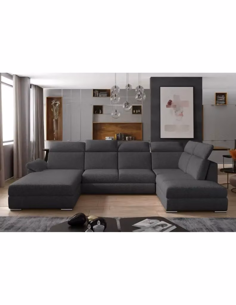Divano panoramico convertibile MAJESTA di MEUBLORAMA, modello a 5 posti con angolo sinistro, colore grigio, con funzione letto e poggiatesta regolabile, L: 336 cm, P: 211 cm, H: 102 cm – 2
