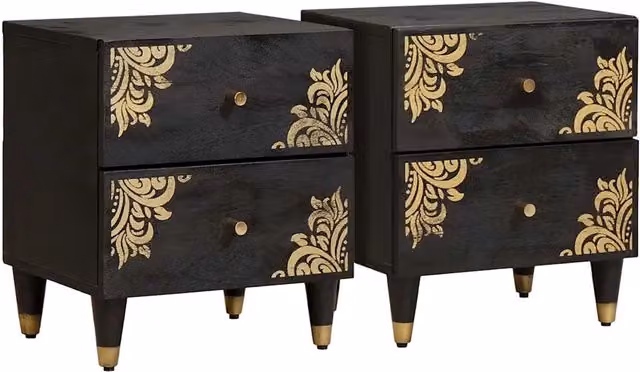 Set di 2 Armadi da Notte vidaXL in Legno di Mango e Metallo, Colore Nero e Oro, L/P/H: 40 x 33 x 46 cm