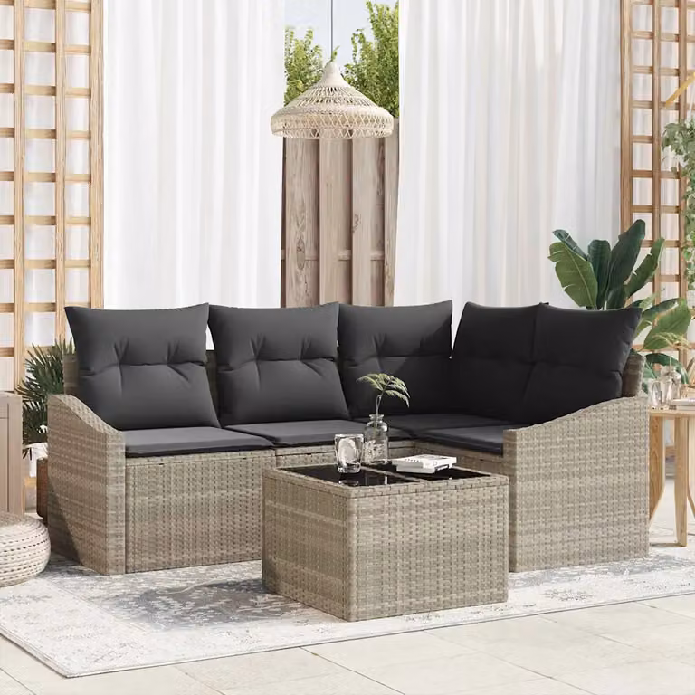 Set Divano da Giardino vidaXL 5 Pezzi a Forma di L con Tavolino, Polyrattan e Cuscini, Grigio
