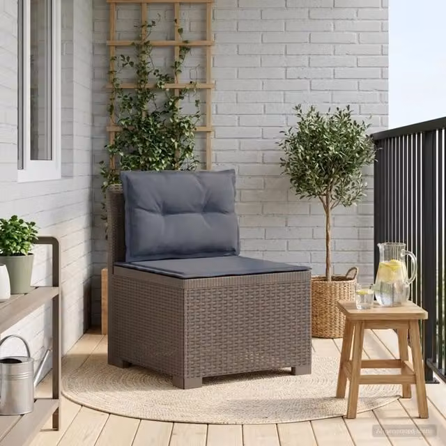 Divano da giardino a 1 posto moderno in rattan PP grigio con cuscini per esterno, ideale per giardino, balcone o terrazza, L: 70 cm, P: 62 cm, H: 55 cm