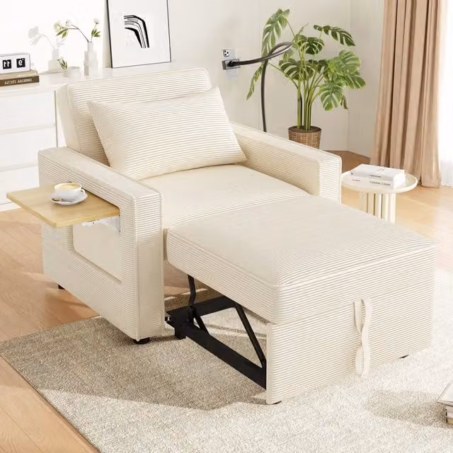 Poltrona Letto Reclinabile con Porta USB ¨C MINIMAL ¨C Tessuto Cord, Beige, 1 Posto