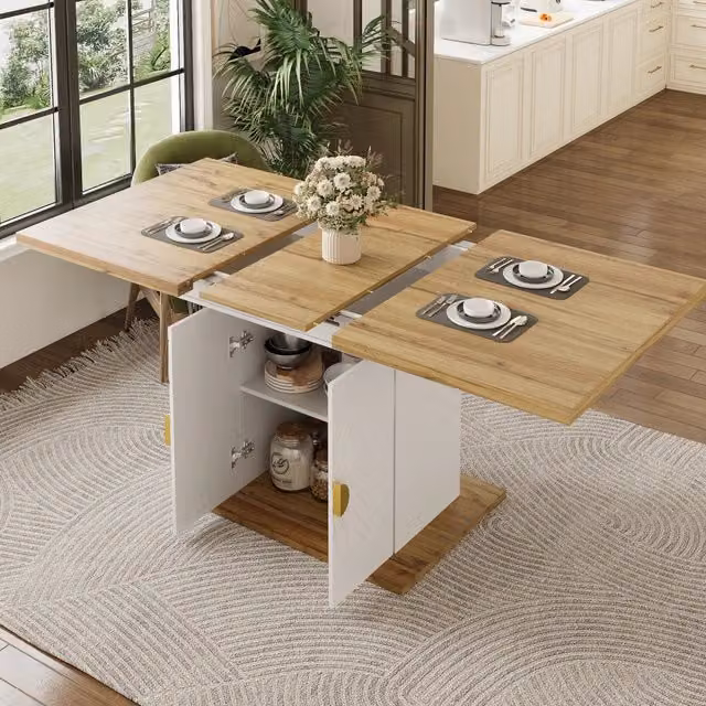 Desviae Tavolo allungabile MDF bianco con due ripiani e piano estensibile per cucina soggiorno rilievo solare decorativo