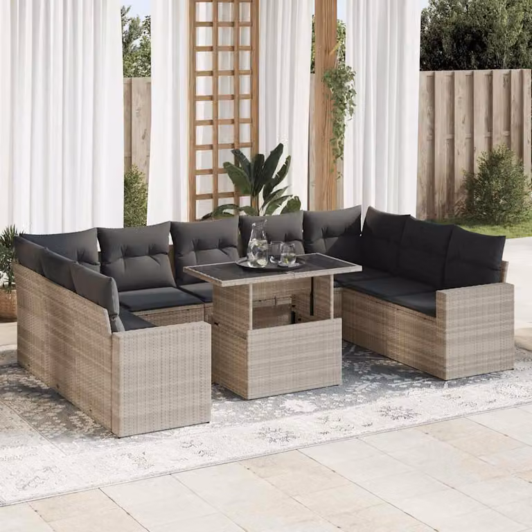 Set Divano da Giardino vidaXL 10 Pezzi a Forma di L con Cuscini Grigio Chiaro in Polyrattan e Struttura in Acciaio