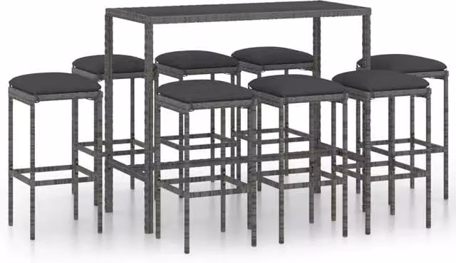 Set da Bar da Giardino 9 pz | Set Salotto da Giardino con Cuscini in Polyrattan Grigio