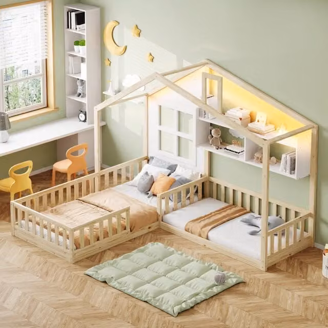 Letto per bambini 90 × 200 cm con LED, mensole e barriera di sicurezza, senza materasso, bianco e legno naturale
