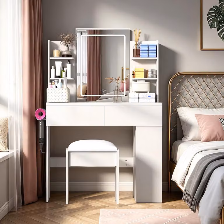 Toeletta a LED con specchio, sgabello e presa di corrente, illuminazione regolabile con 3 modalità di colore, toletta con porta USB, 2 cassetti, 4 ripiani, bianco 90x40x135 cm