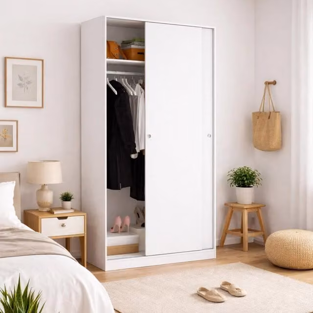 Armadio Abigale DMORA per camera da letto con 2 ante scorrevoli, Bianco lucido, L: 100 cm, P: 50 cm, H: 204 cm