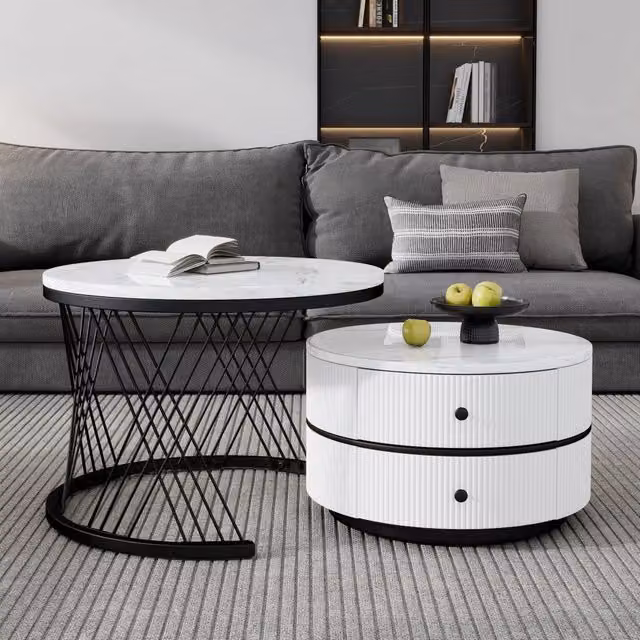 Set 2 Tavolini da Caff¨¨ Rotondi ¨C Xylo ¨C Bianco Lucido Effetto Marmo, 2 Cassetti, 60x60x46 / 50x50x31