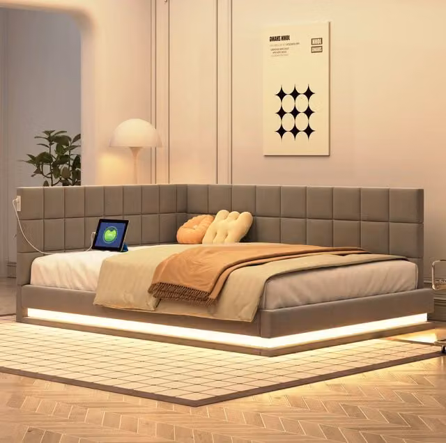 Divano letto 140x200 cm grigio in lino con LED, USB e rete a doghe