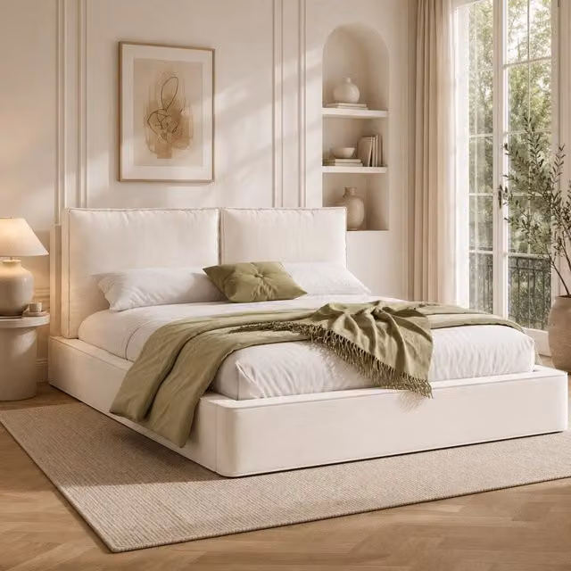 Letto imbottito matrimoniale 180 x 200 cm con rete a doghe e testiera imbottita - Beige, chenille