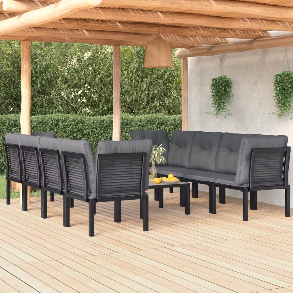 Set Salotto da Giardino vidaXL 9 pz in Polyrattan Nero e Grigio con Cuscini e Tavolino da Caffè