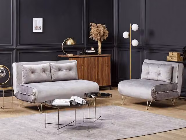 Set di Divani Beliani in Velluto Grigio con Funzione Letto e Cuscini, Composto da un Divano a 3 Posti e un Divano a 2 Posti