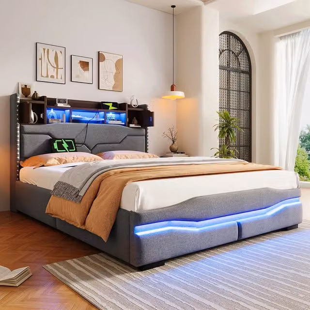 Letto matrimoniale-Xylo-140x200 cm-USB, LED, testiera con ripiano, idraulico, velluto grigio