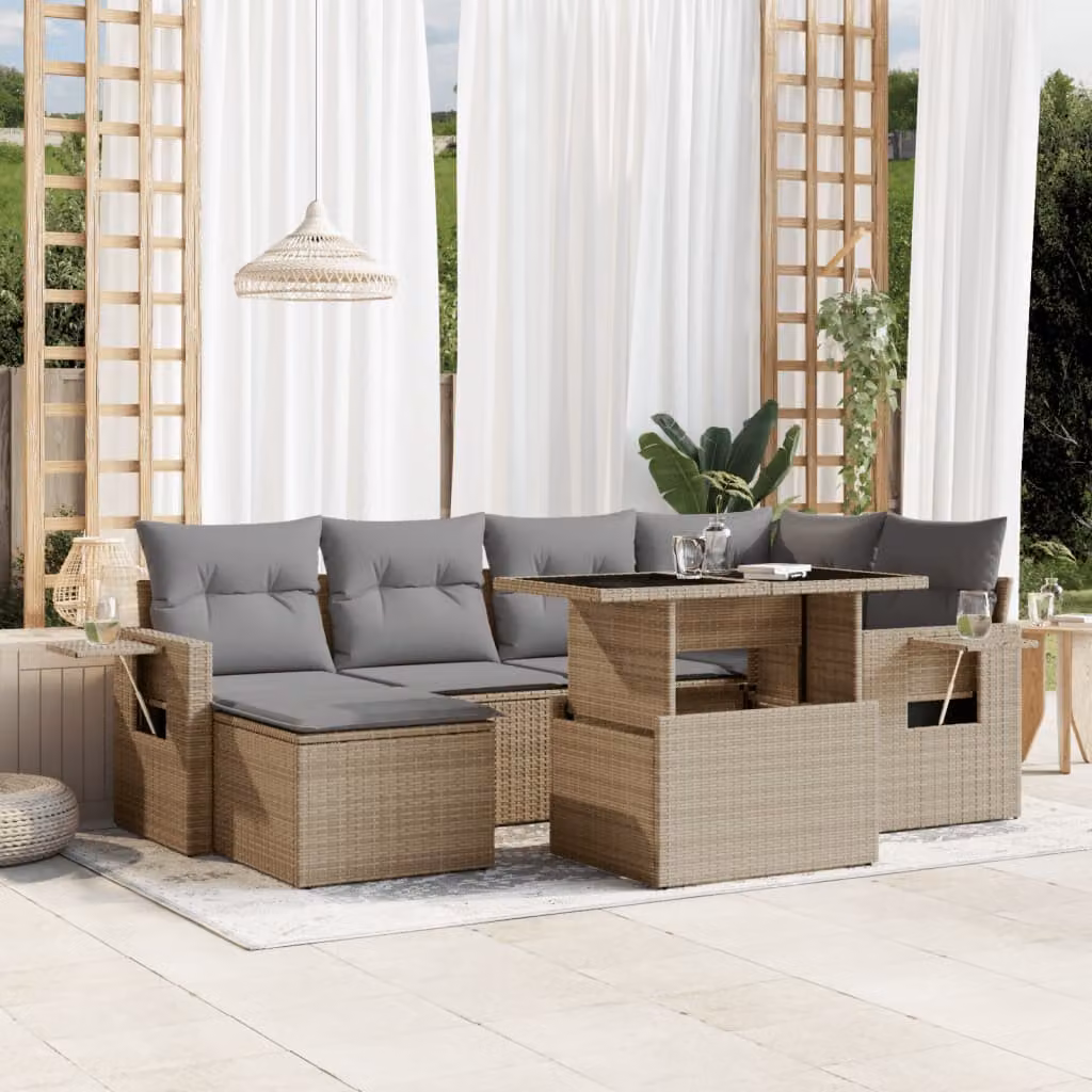 vidaXL Set Divani da Giardino 7 pz a Forma a L con Cuscini Beige e Tavolino in Vetro – 1