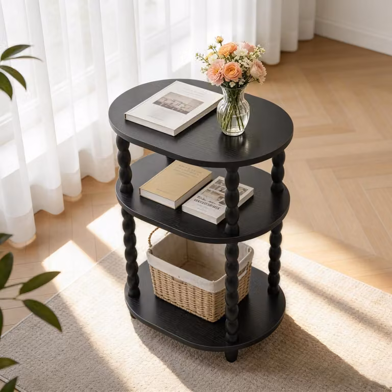 Tavolino ausiliario nero, dimensioni 30x40x58,5 cm, realizzato in MDF con gambe in legno massello