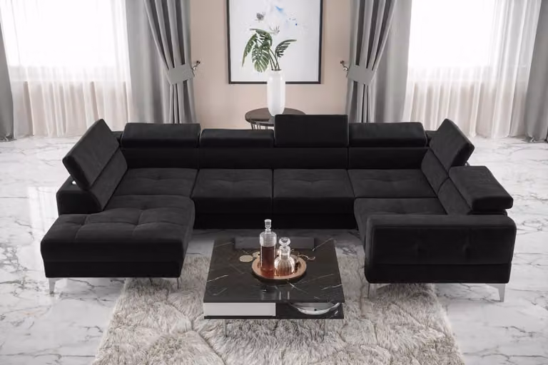 Modern Luxus Automatik Ecksofa Stoff U-Form Couch Textil Schwarz Elegant