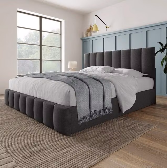 Letto contenitore imbottito ULEVR 140x200 cm con testiera regolabile, rete a doghe e materasso H3, grigio