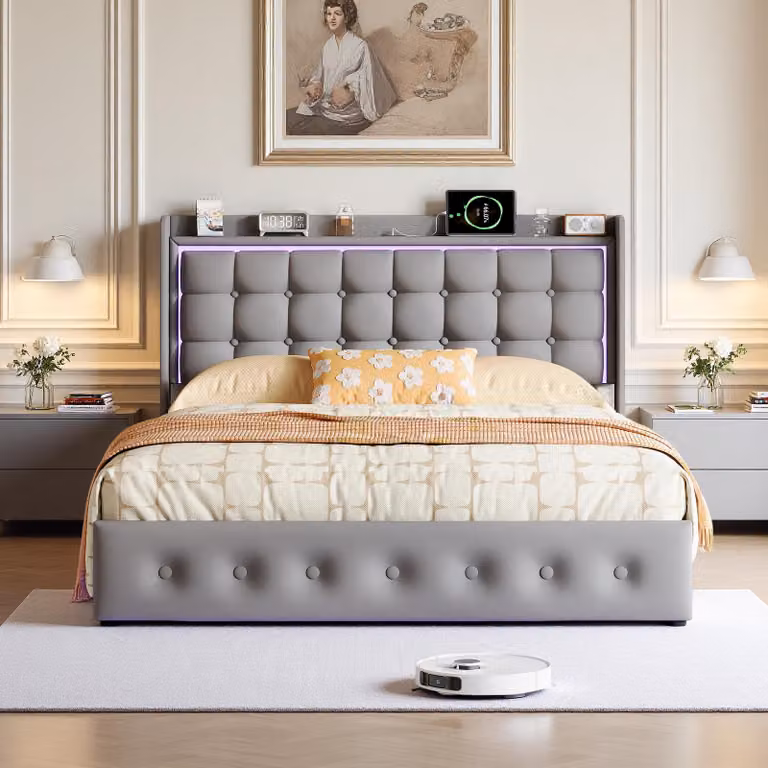 Letto imbottito INONEFT, 160x200 cm, letto per ragazzi con illuminazione LED, rete a doghe e testiera, struttura sospesa con 1 porta USB-C e 2 porte USB-A, rivestito in velluto, colore grigio