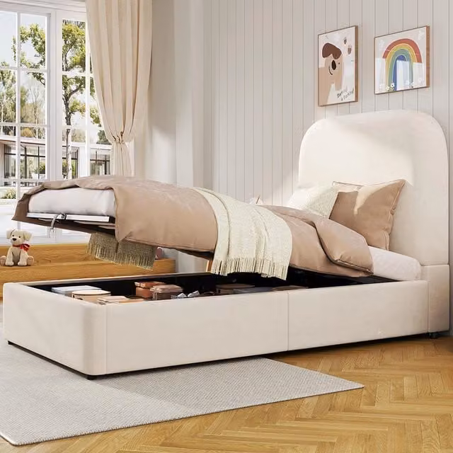 Letto imbottito 90x200cm - Xylo - testiera velluto beige idraulico